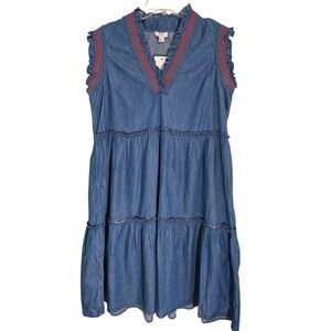 Crown & Ivy Denim Tiered Embroidered V Neck Midi Dress XL Blue